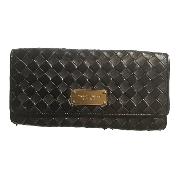 EUC Michael Kors Black Woven Leather Clutch wallet Medium - Picture 1 of 7